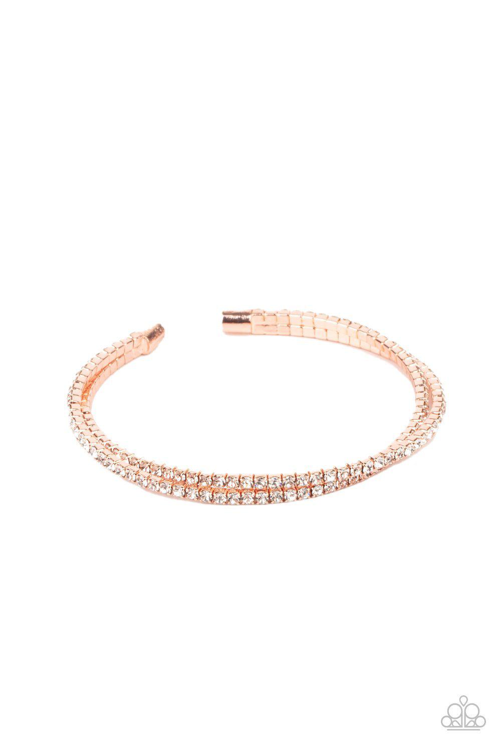Iridescently Intertwined Copper and White Rhinestone Cuff Bracelet - Paparazzi Accessories- lightbox - CarasShop.com - Paparazzi Jewelry by Cara Jewels