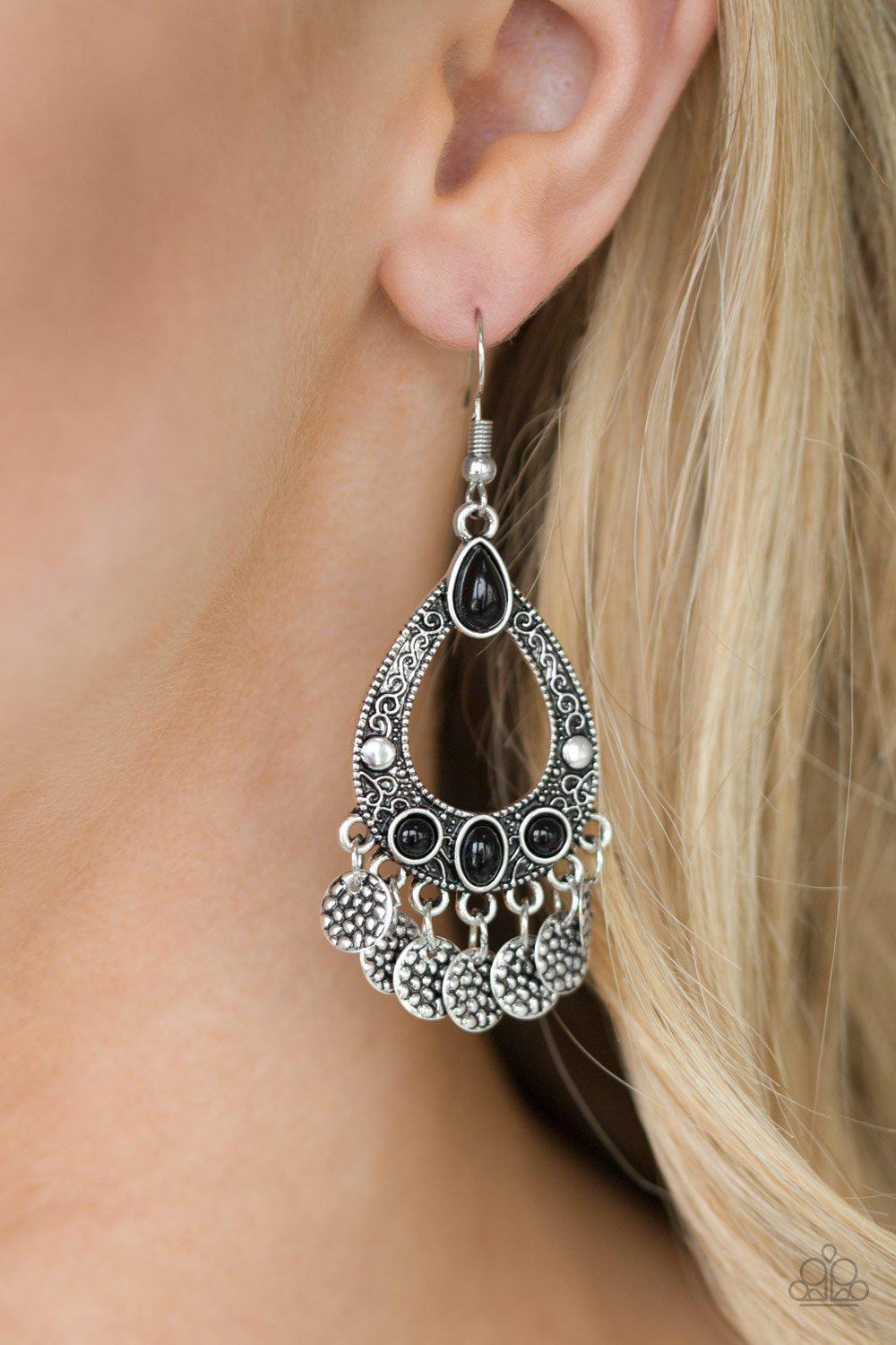 Island Escapade Black Earrings - Paparazzi Accessories- on model - CarasShop.com - Paparazzi Jewelry by Cara Jewels