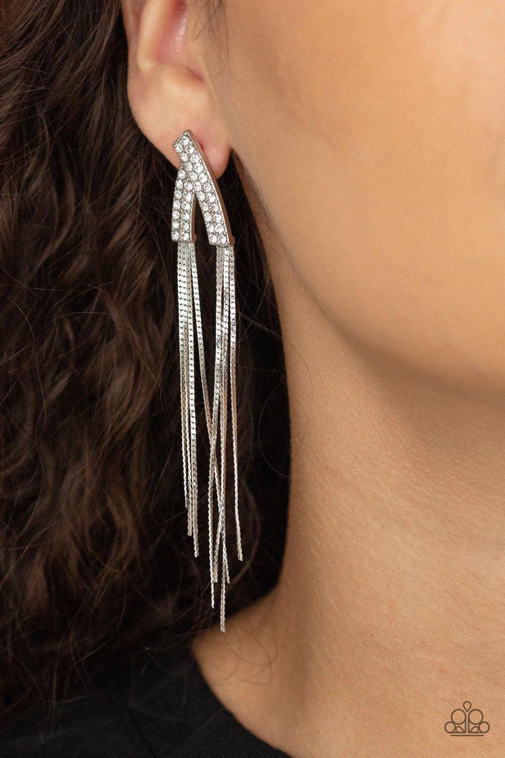 It Takes Two To TASSEL White Earrings - Paparazzi Accessories- on model - CarasShop.com - Paparazzi Jewelry by Cara Jewels