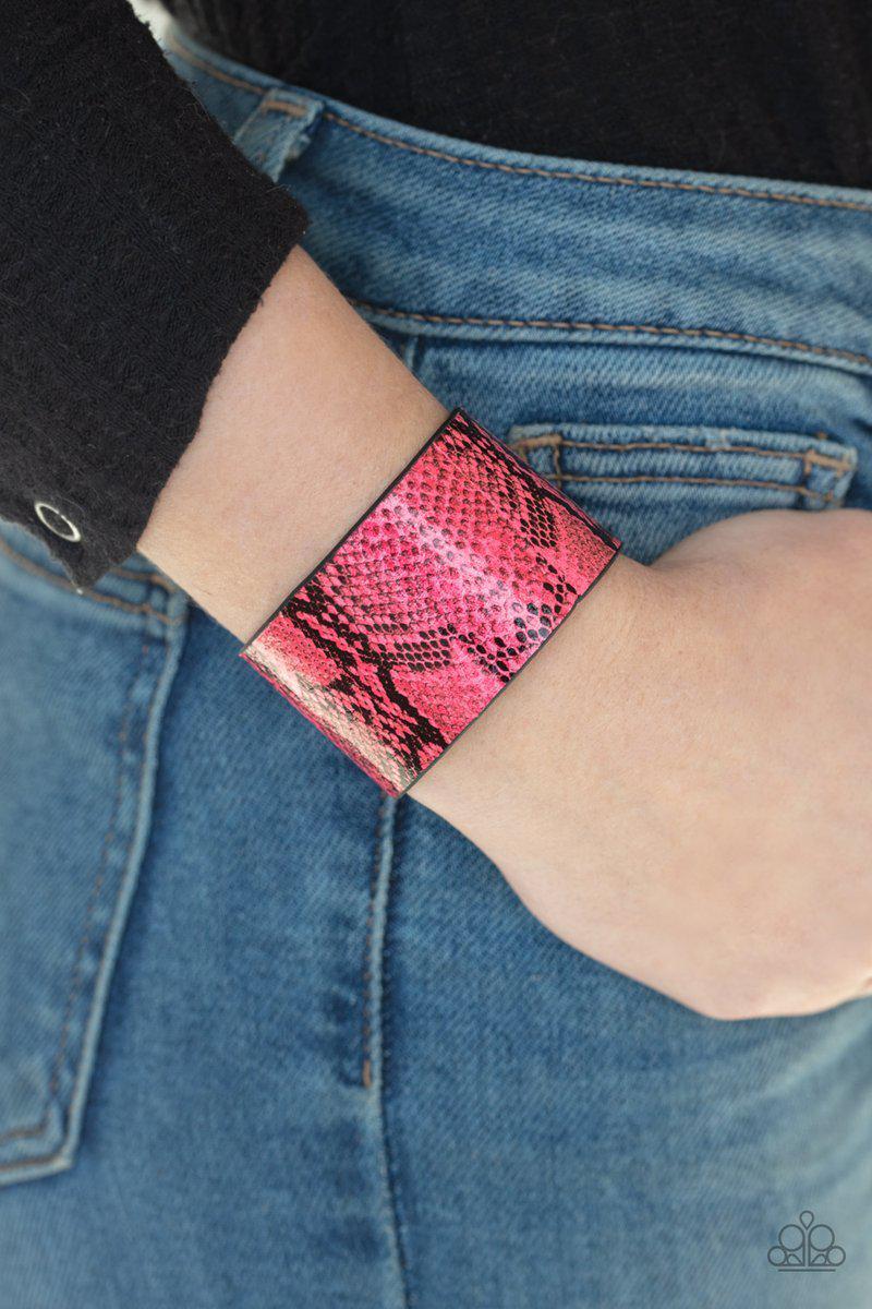 It's a Jungle Out There Pink Leather Python Print Wrap Snap Bracelet - Paparazzi Accessories- lightbox - CarasShop.com - Paparazzi Jewelry by Cara Jewels