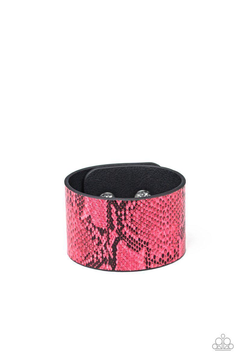 It's a Jungle Out There Pink Leather Python Print Wrap Snap Bracelet - Paparazzi Accessories- on model - CarasShop.com - Paparazzi Jewelry by Cara Jewels