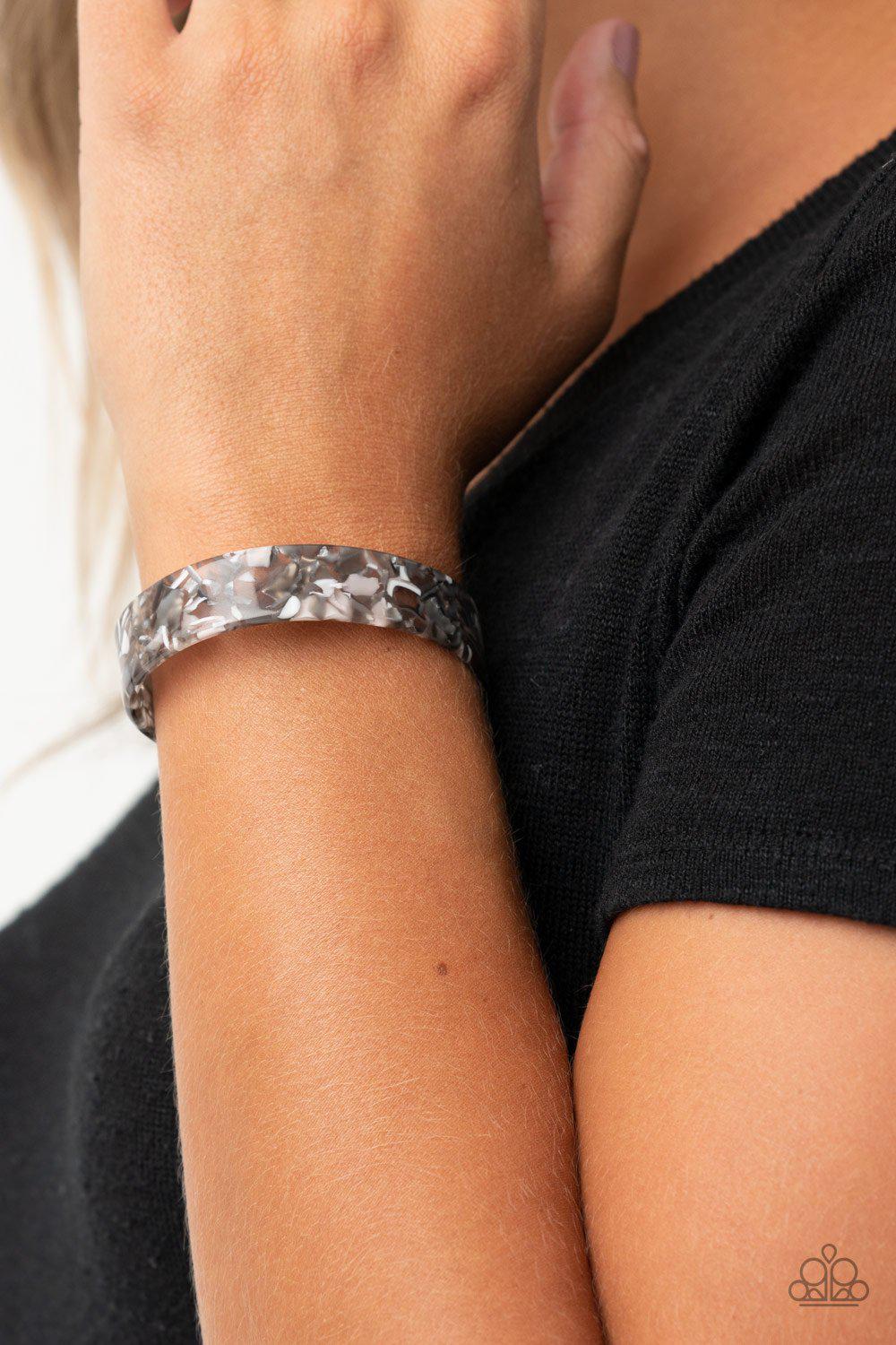 Its Getting HAUTE In Here Black and Silver Acrylic Cuff Bracelet - Paparazzi Accessories- on model - CarasShop.com - Paparazzi Jewelry by Cara Jewels