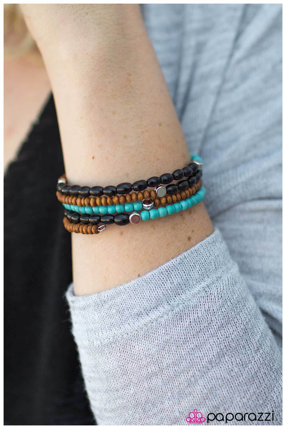 It's Human Nature Turquoise Blue, Black and Wood Wire Wrap Bracelet - Paparazzi Accessories- lightbox - CarasShop.com - Paparazzi Jewelry by Cara Jewels