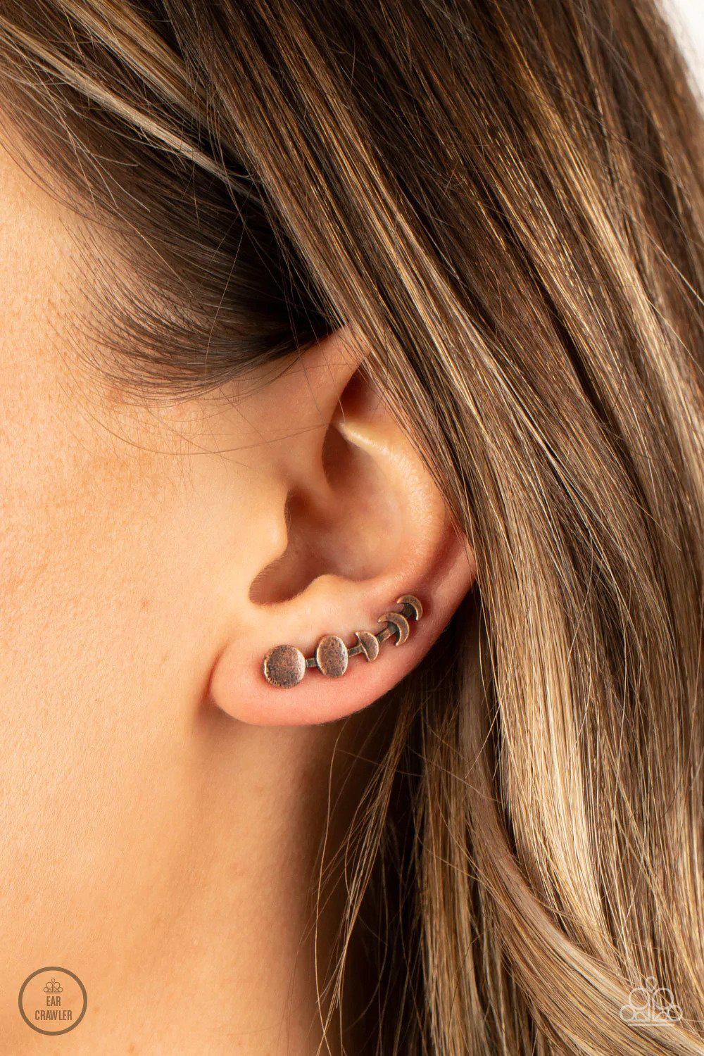 It's Just a Phase Copper Ear Crawler Earrings - Paparazzi Accessories- on model - CarasShop.com - Paparazzi Jewelry by Cara Jewels