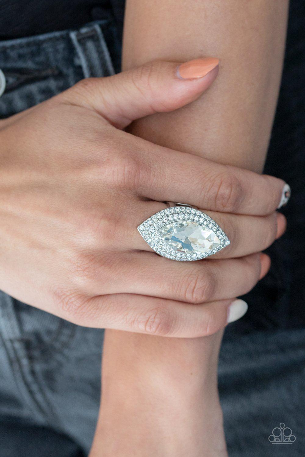 Jaw-Dropping Dazzle White Rhinestone Ring - Paparazzi Accessories- on model - CarasShop.com - Paparazzi Jewelry by Cara Jewels