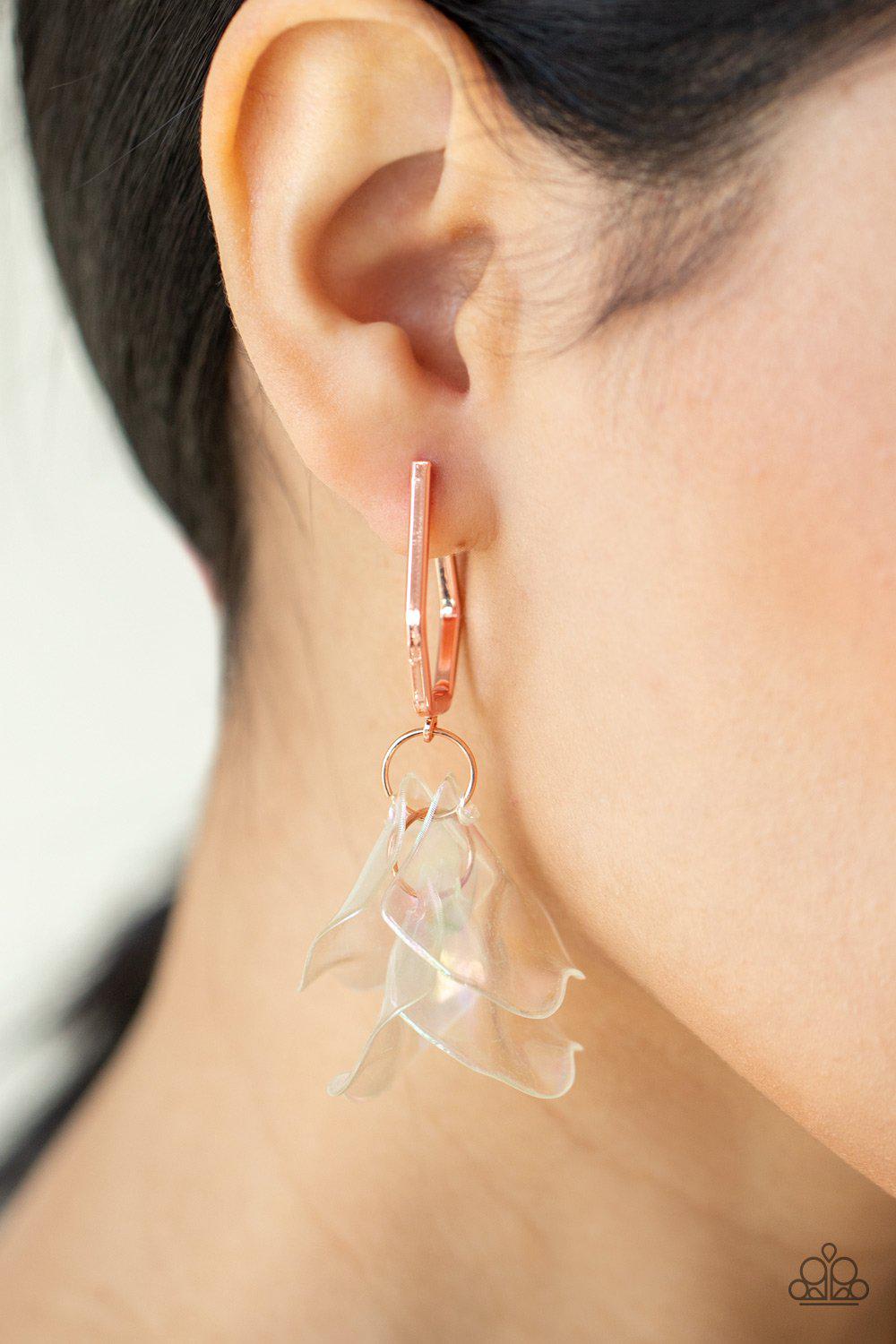 Jaw-Droppingly Jelly Copper and Iridescent Acrylic Petal Hoop Earrings - Paparazzi Accessories- lightbox - CarasShop.com - Paparazzi Jewelry by Cara Jewels