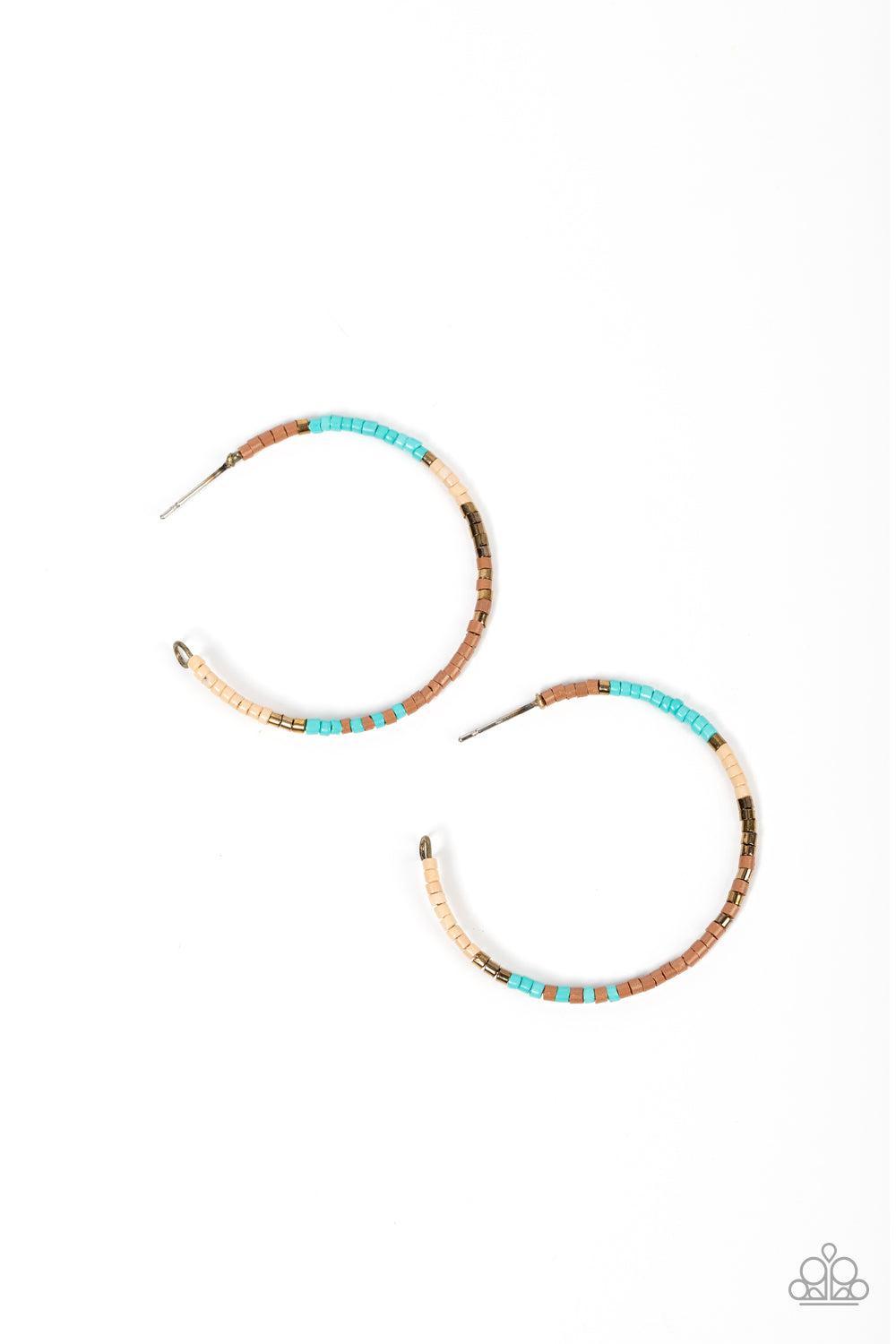 Joshua Tree Tourist Brass, Turquoise & Brown Hoop Earrings - Paparazzi Accessories- lightbox - CarasShop.com - Paparazzi Jewelry by Cara Jewels