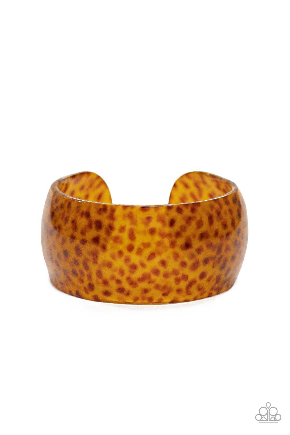 Jungle Cruise Brown Animal Print Acrylic Cuff Bracelet - Paparazzi Accessories- on model - CarasShop.com - Paparazzi Jewelry by Cara Jewels