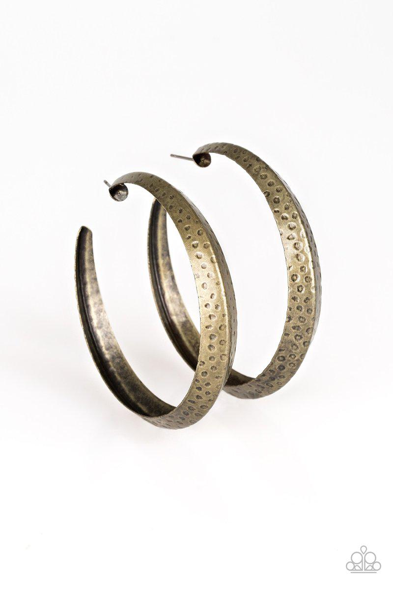 Jungle To Jungle Brass Hoop Earrings - Paparazzi Accessories- on model - CarasShop.com - Paparazzi Jewelry by Cara Jewels