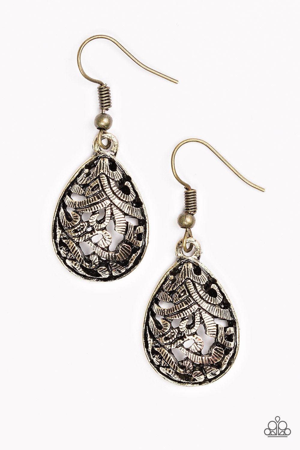 Jungle Vines Brass Earrings - Paparazzi Accessories- lightbox - CarasShop.com - Paparazzi Jewelry by Cara Jewels
