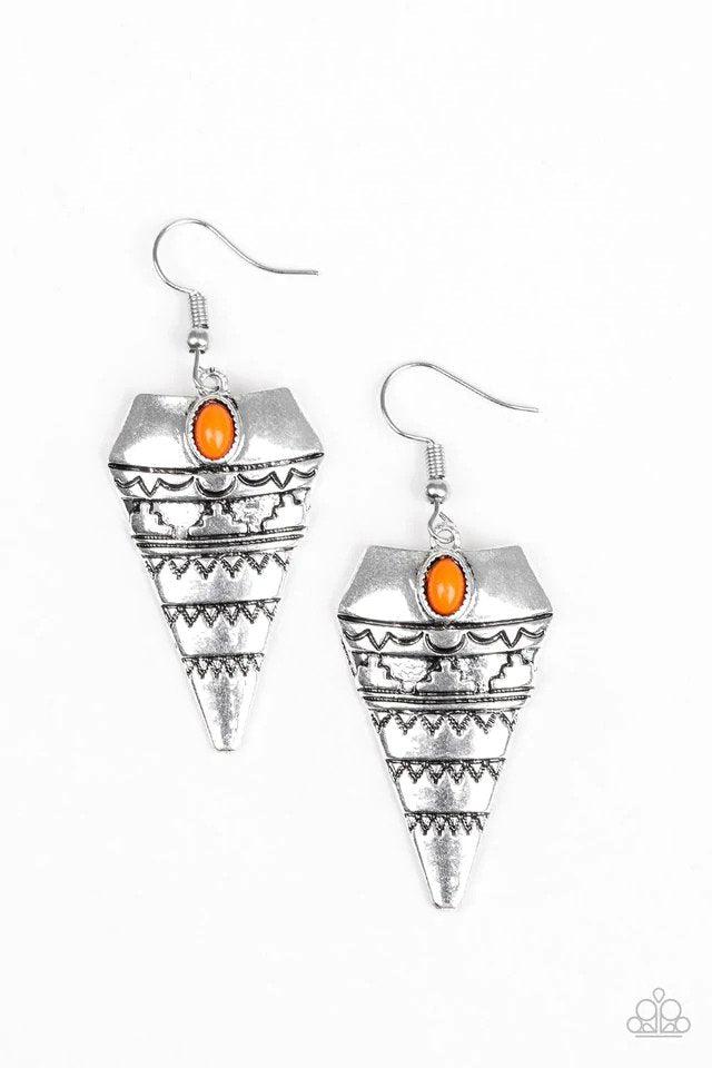 Jurassic Journey Orange and Silver Earrings - Paparazzi Accessories- lightbox - CarasShop.com - Paparazzi Jewelry by Cara Jewels