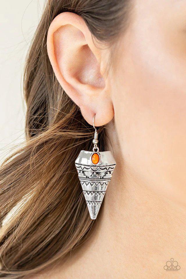 Jurassic Journey Orange and Silver Earrings - Paparazzi Accessories- on model - CarasShop.com - Paparazzi Jewelry by Cara Jewels