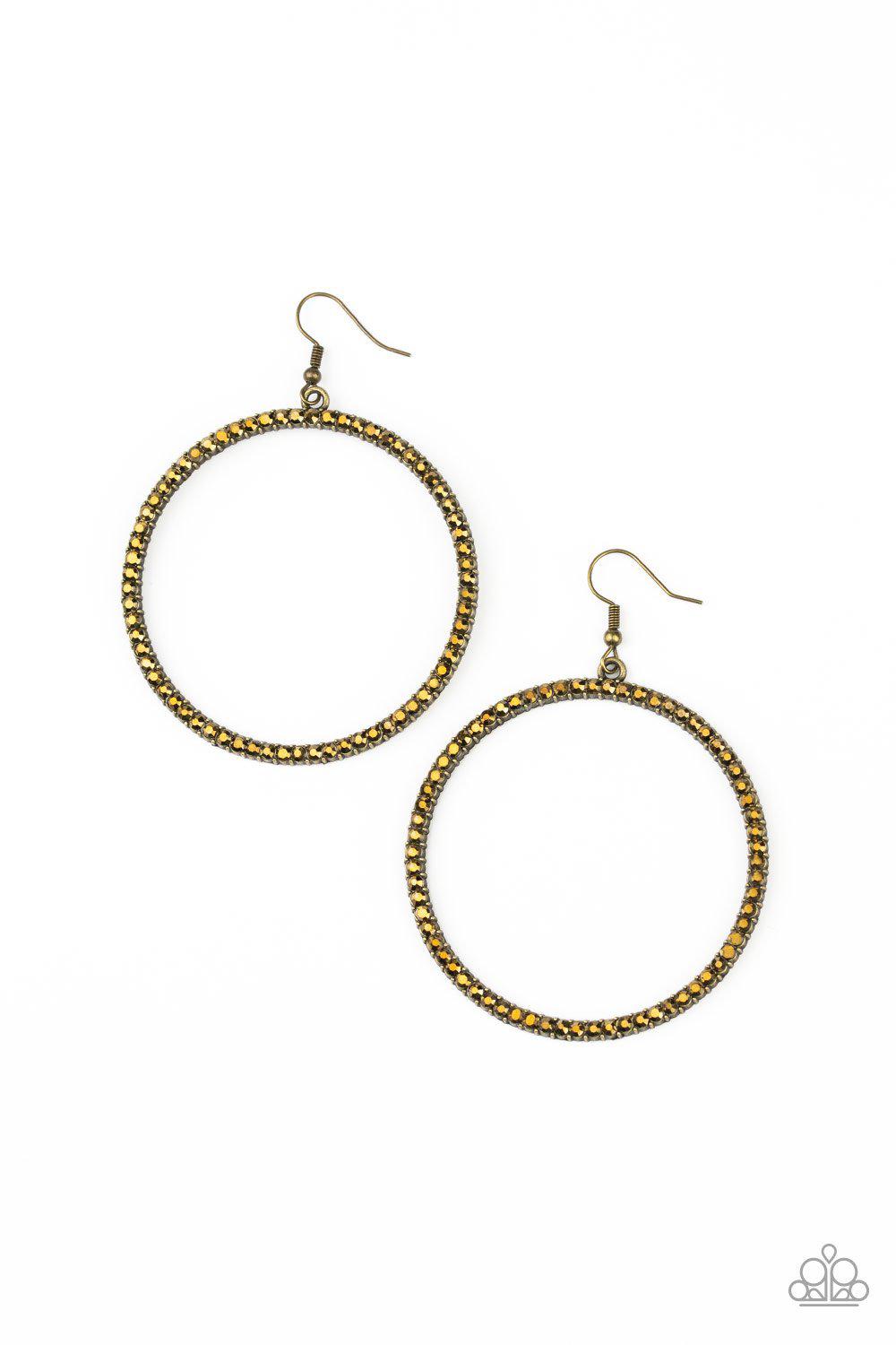 Just Add Sparkle Brass Rhinestone Earrings - Paparazzi Accessories- on model - CarasShop.com - Paparazzi Jewelry by Cara Jewels