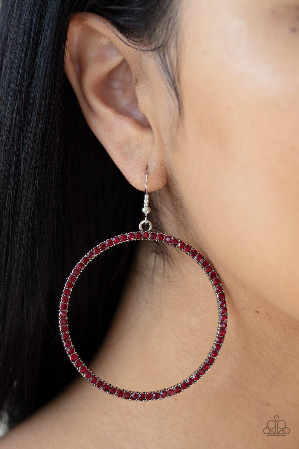 Just Add Sparkle Red Rhinestone Earrings - Paparazzi Accessories- on model - CarasShop.com - Paparazzi Jewelry by Cara Jewels