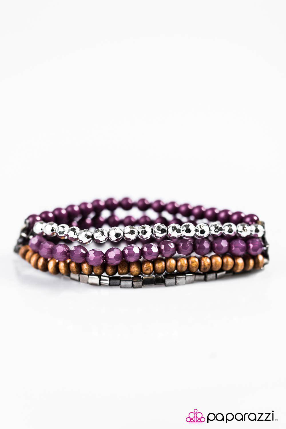 Just Bead Happy Purple and Silver Stretch Bracelet - Paparazzi Accessories- on model - CarasShop.com - Paparazzi Jewelry by Cara Jewels