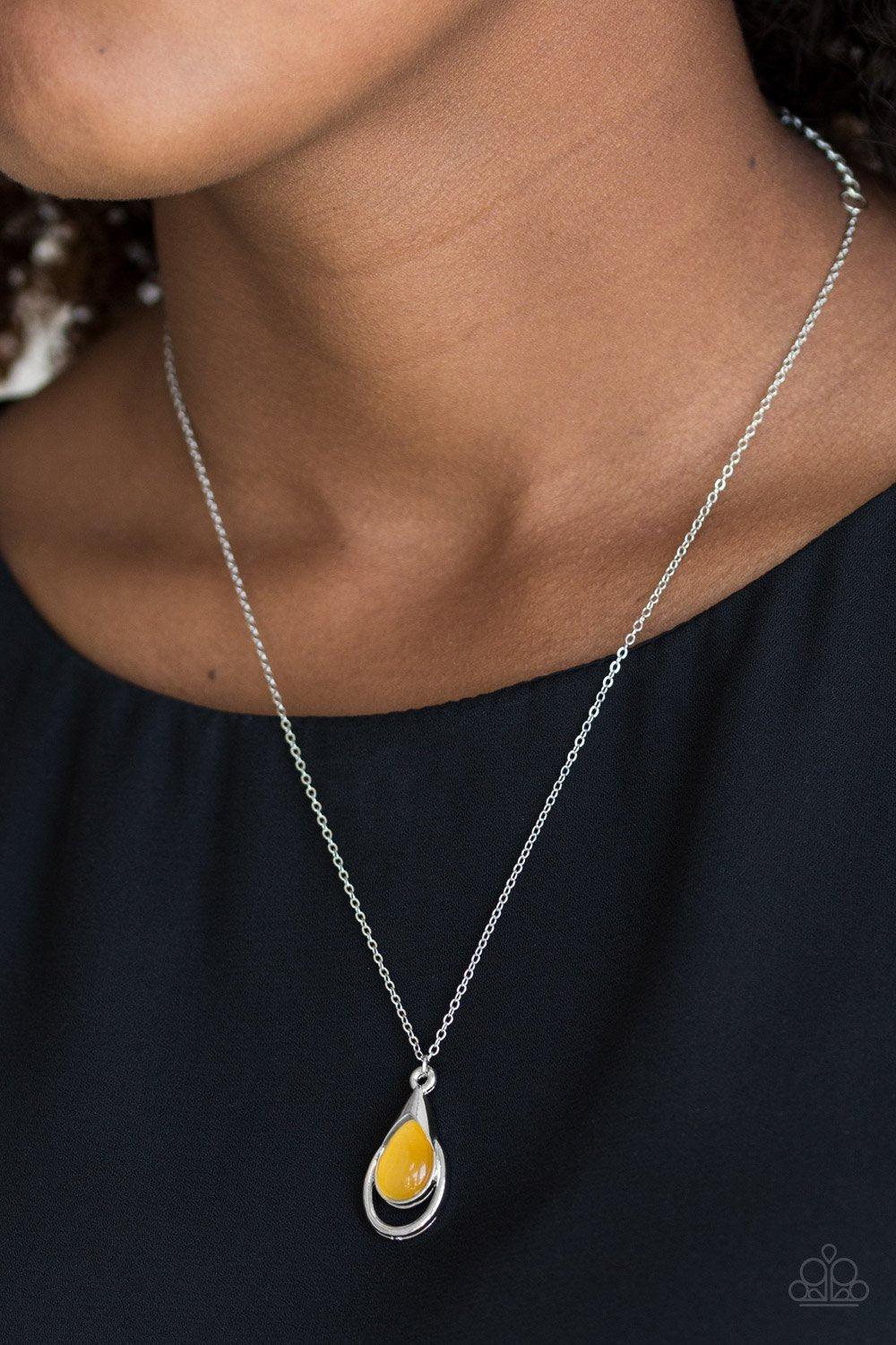 Just Drop It Silver and Yellow Moonstone Teardrop Necklace - Paparazzi Accessories- lightbox - CarasShop.com - Paparazzi Jewelry by Cara Jewels
