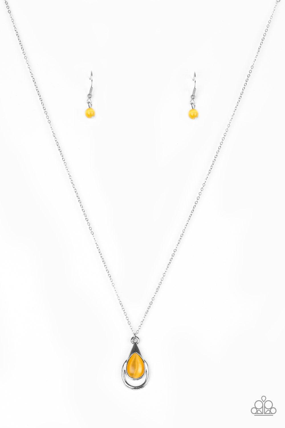 Just Drop It Silver and Yellow Moonstone Teardrop Necklace - Paparazzi Accessories- on model - CarasShop.com - Paparazzi Jewelry by Cara Jewels