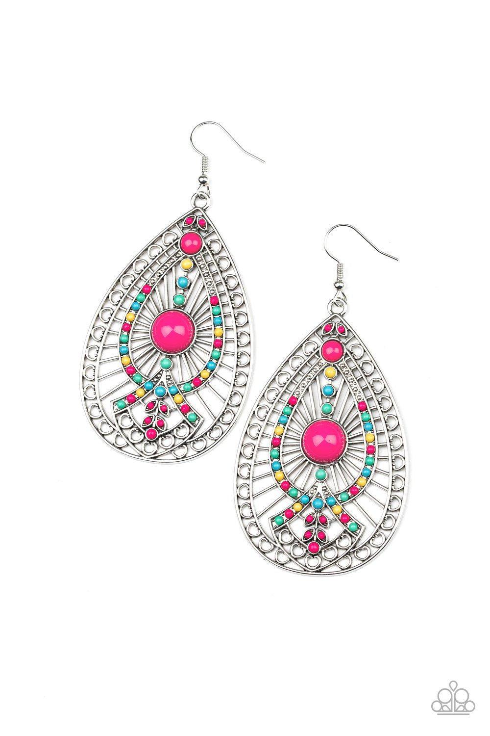 Just Dropping By Multi-color Pink Teardrop Earrings - Paparazzi Accessories- on model - CarasShop.com - Paparazzi Jewelry by Cara Jewels