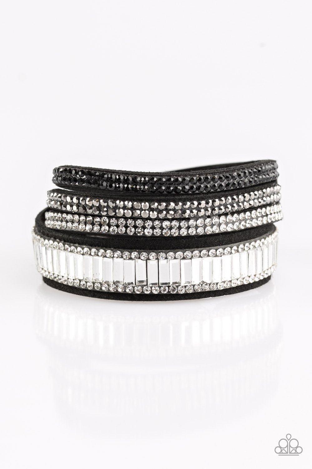 Just In Showtime Black, White and Hematite Multi Double-wrap Snap Bracelet - Paparazzi Accessories- on model - CarasShop.com - Paparazzi Jewelry by Cara Jewels