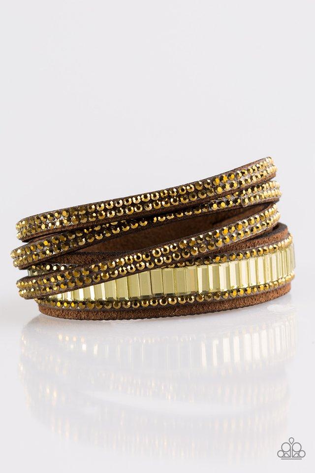 Just In Showtime Brass Double-wrap Snap Bracelet - Paparazzi Accessories- on model - CarasShop.com - Paparazzi Jewelry by Cara Jewels