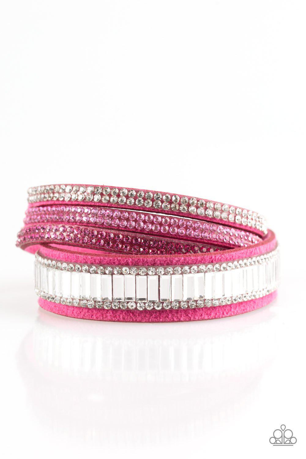 Just In Showtime Hot Pink Double-wrap Snap Bracelet - Paparazzi Accessories- on model - CarasShop.com - Paparazzi Jewelry by Cara Jewels