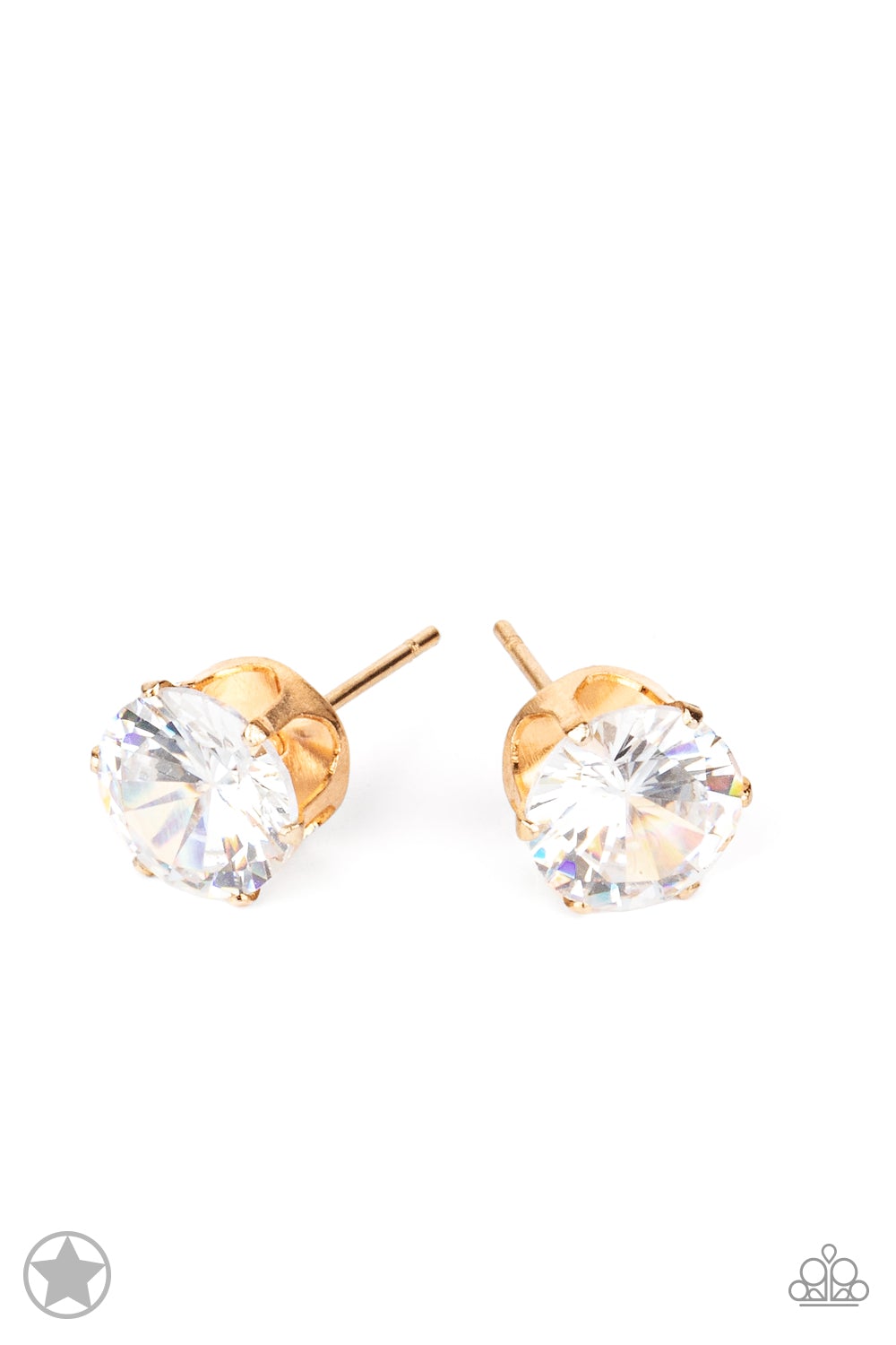 Just in Timeless White Rhinestone and Gold Post Earrings - Paparazzi Accessories- lightbox - CarasShop.com - Paparazzi Jewelry by Cara Jewels
