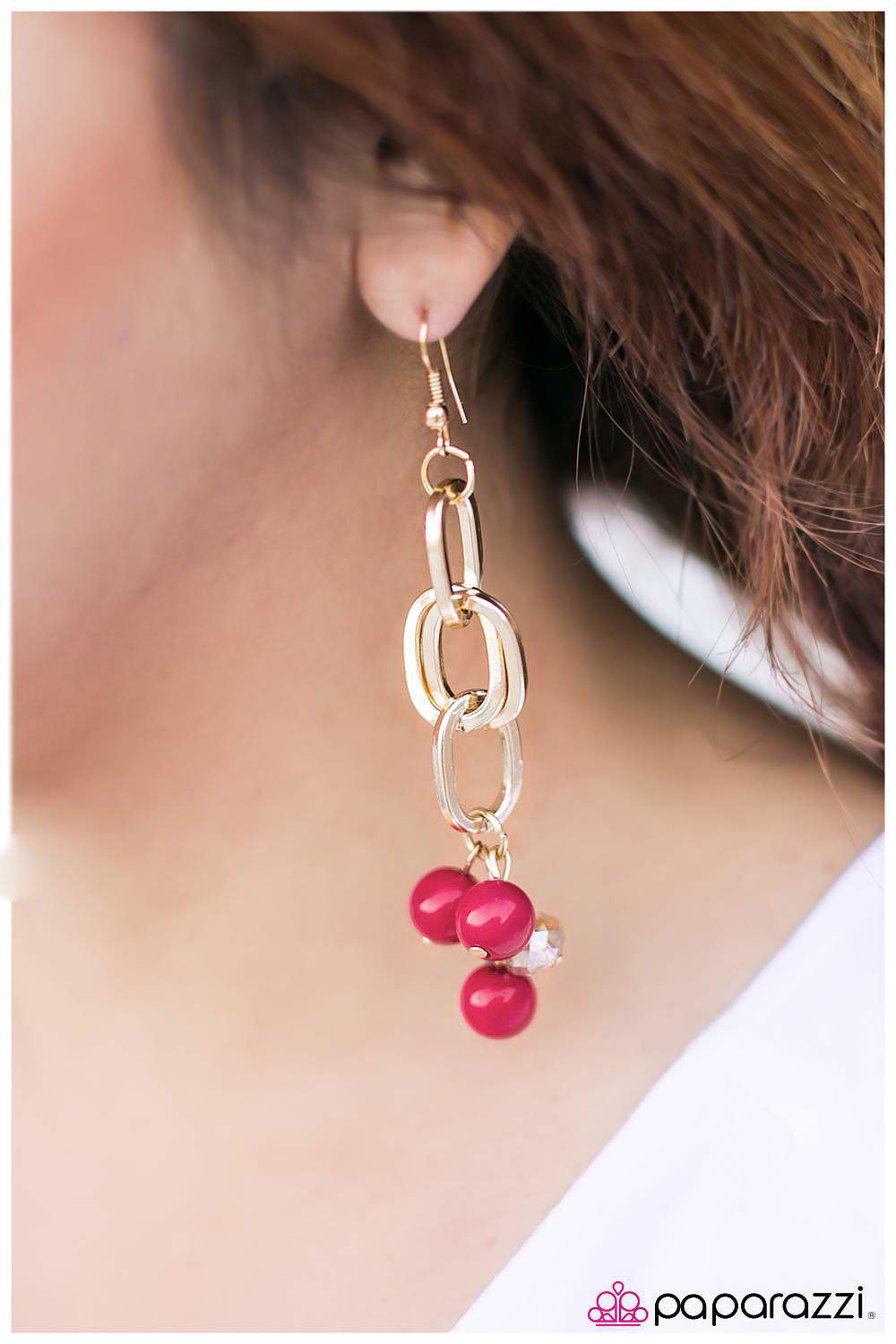 Just My Luck Pink and Gold Chain Earrings - Paparazzi Accessories- lightbox - CarasShop.com - Paparazzi Jewelry by Cara Jewels