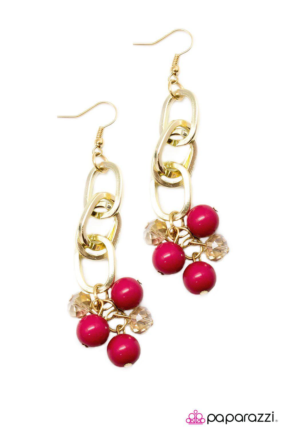 Just My Luck Pink and Gold Chain Earrings - Paparazzi Accessories- on model - CarasShop.com - Paparazzi Jewelry by Cara Jewels