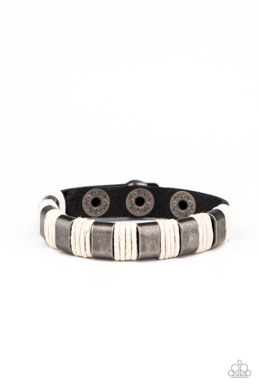 Just Ride Gunmetal and Black Leather Wrap Snap Bracelet - Paparazzi Accessories- lightbox - CarasShop.com - Paparazzi Jewelry by Cara Jewels