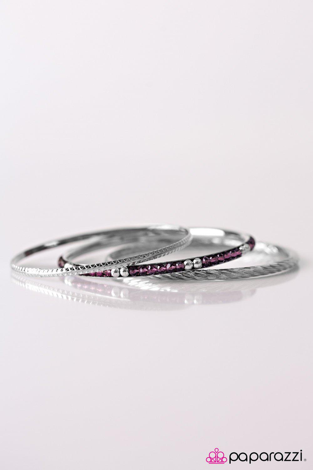Just Stay GLAM! Purple and Silver Bangle Bracelet Set - Paparazzi Accessories- on model - CarasShop.com - Paparazzi Jewelry by Cara Jewels
