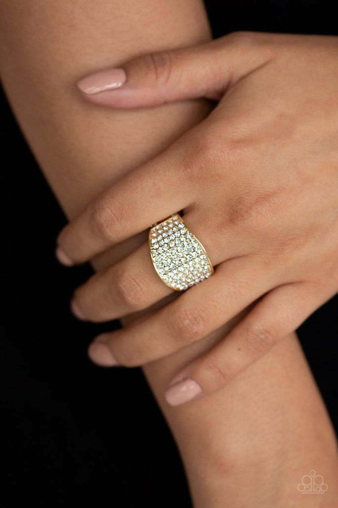 Kaboom! Gold and White Rhinestone Ring - Paparazzi Accessories- lightbox - CarasShop.com - Paparazzi Jewelry by Cara Jewels