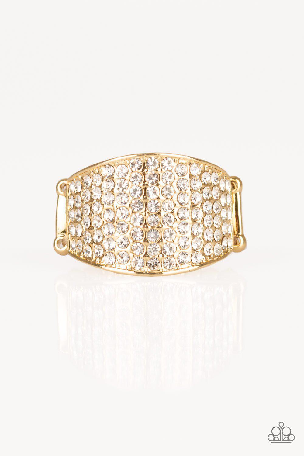 Kaboom! Gold and White Rhinestone Ring - Paparazzi Accessories- on model - CarasShop.com - Paparazzi Jewelry by Cara Jewels