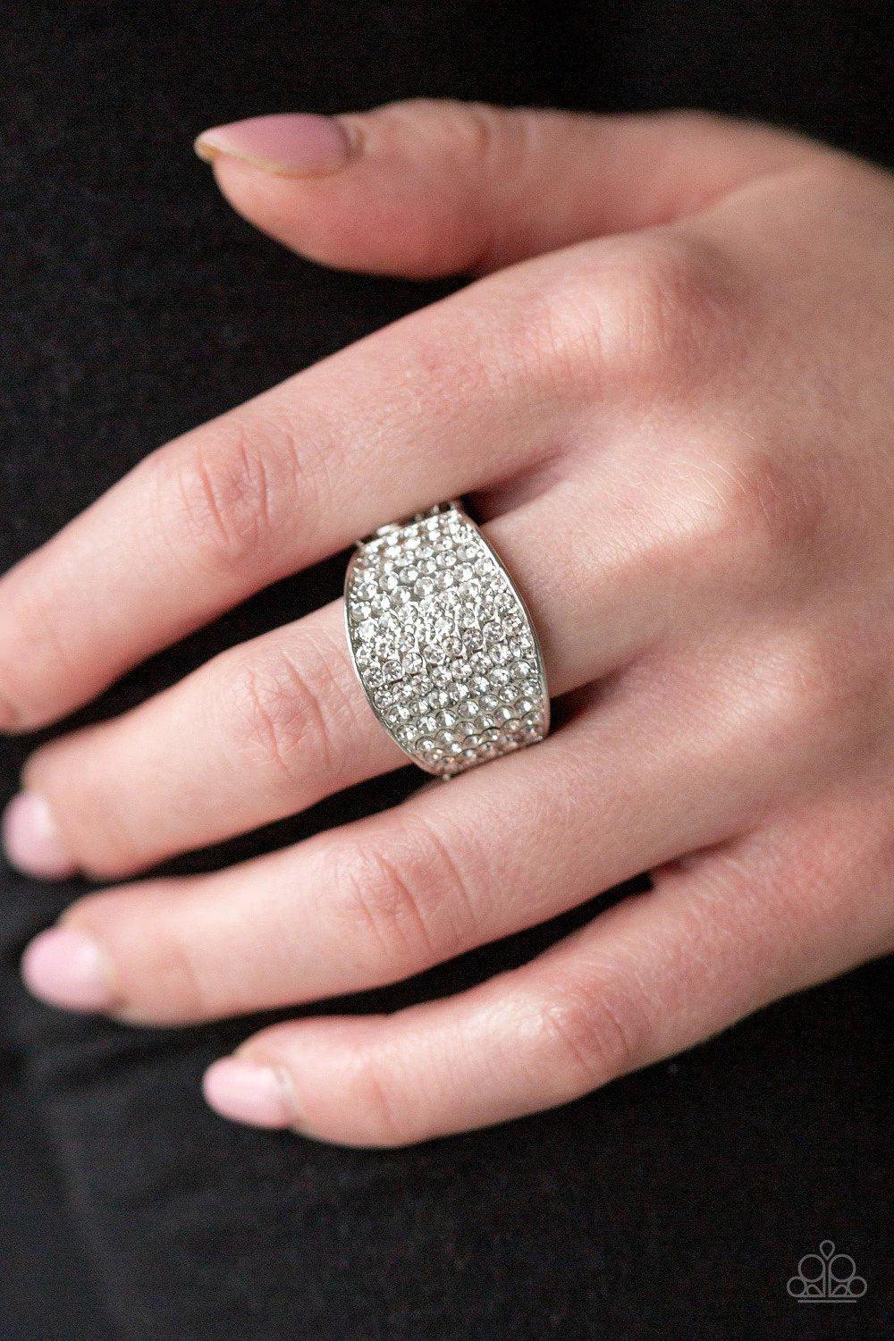 Kaboom! White Ring - Paparazzi Accessories- on model - CarasShop.com - Paparazzi Jewelry by Cara Jewels