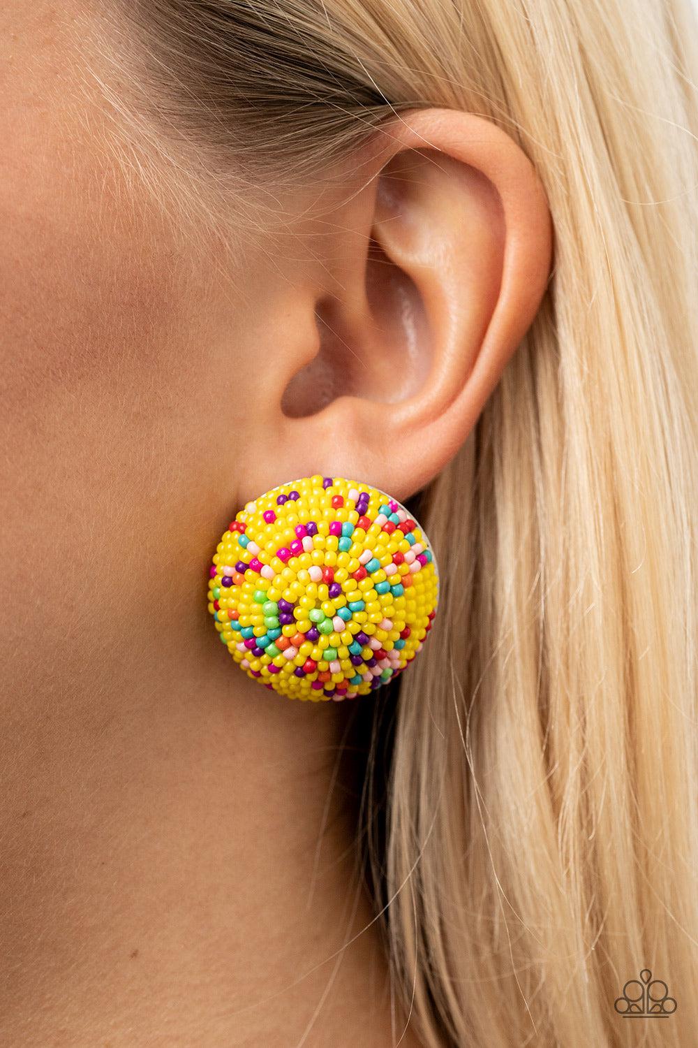 Kaleidoscope Sky Yellow Seed Bead Post Earrings - Paparazzi Accessories- on model - CarasShop.com - Paparazzi Jewelry by Cara Jewels