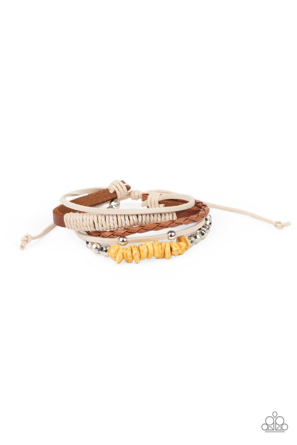 Keep At ROAM Temperature Yellow and Brown Urban Knot Bracelet - Paparazzi Accessories- on model - CarasShop.com - Paparazzi Jewelry by Cara Jewels