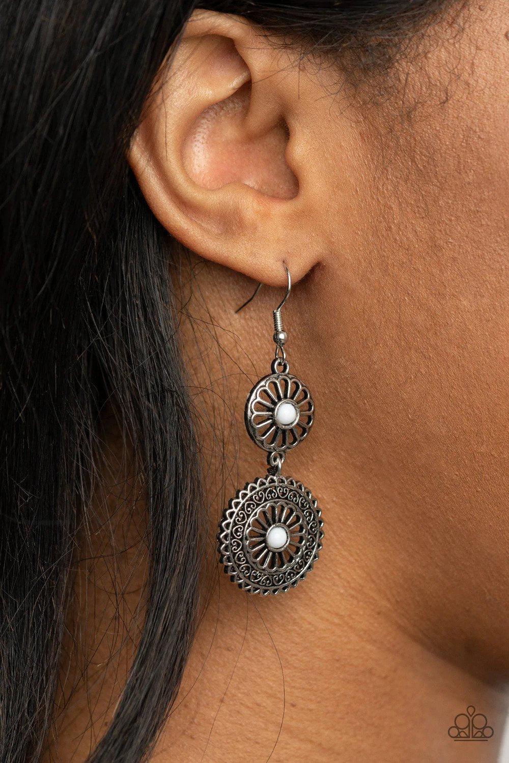 Keep It WHEEL White Earrings - Paparazzi Accessories- on model - CarasShop.com - Paparazzi Jewelry by Cara Jewels