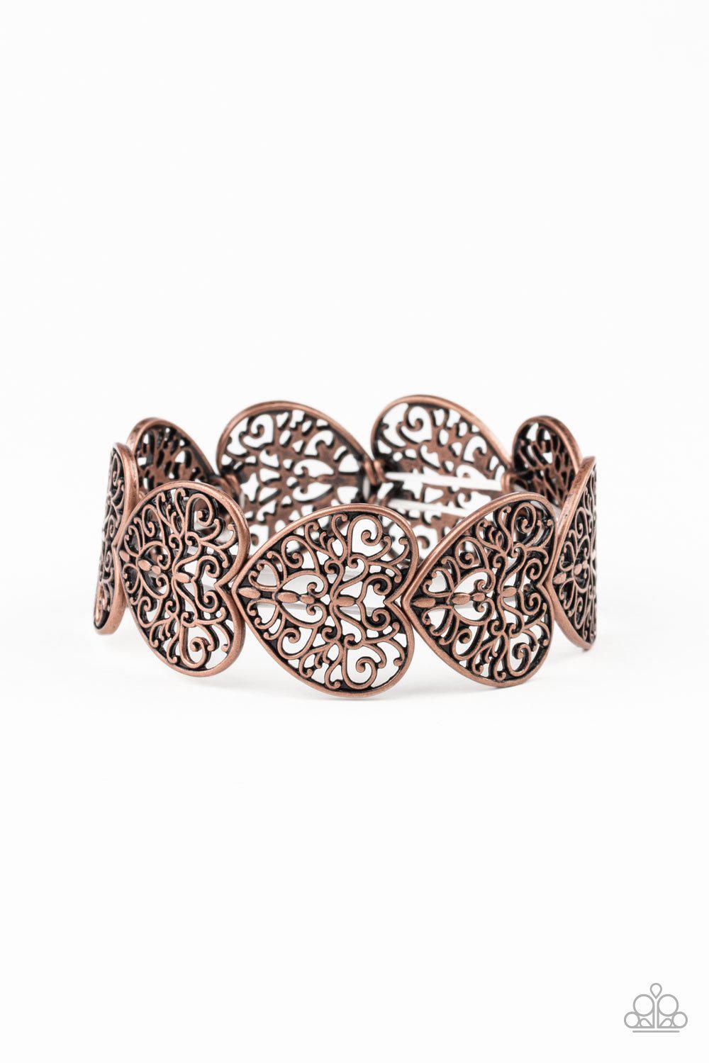 Keep Love In Your Heart Copper Filigree Heart Bracelet - Paparazzi Accessories- on model - CarasShop.com - Paparazzi Jewelry by Cara Jewels