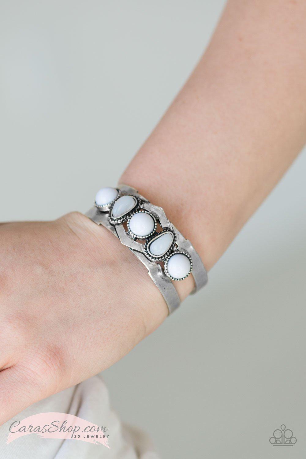 Keep On TRIBE-ing White and Gray Silver Cuff Bracelet - Paparazzi Accessories- lightbox - CarasShop.com - Paparazzi Jewelry by Cara Jewels