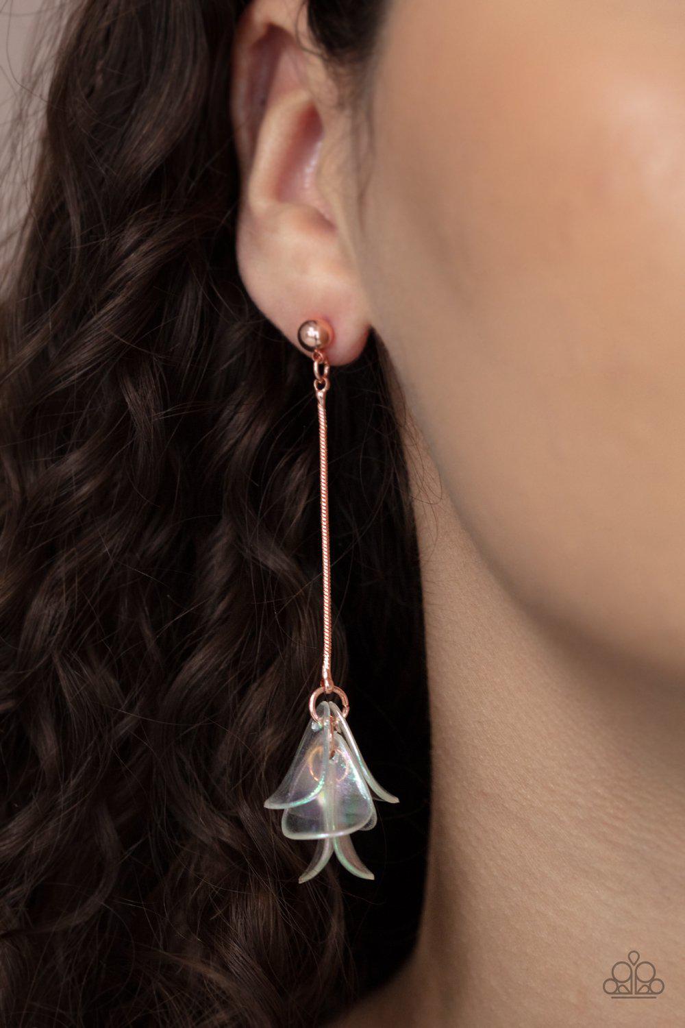 Keep Them In Suspense Copper and Iridescent Acrylic Petal Earrings - Paparazzi Accessories- lightbox - CarasShop.com - Paparazzi Jewelry by Cara Jewels