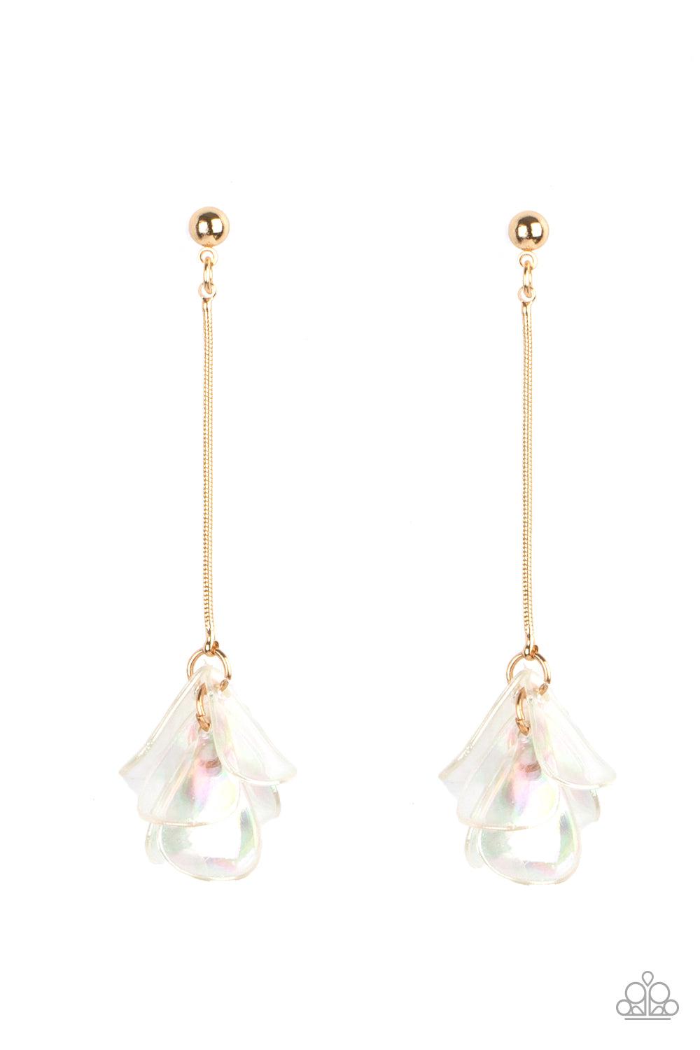 Keep Them In Suspense Gold and Iridescent White Flower Earrings - Paparazzi Accessories- lightbox - CarasShop.com - Paparazzi Jewelry by Cara Jewels