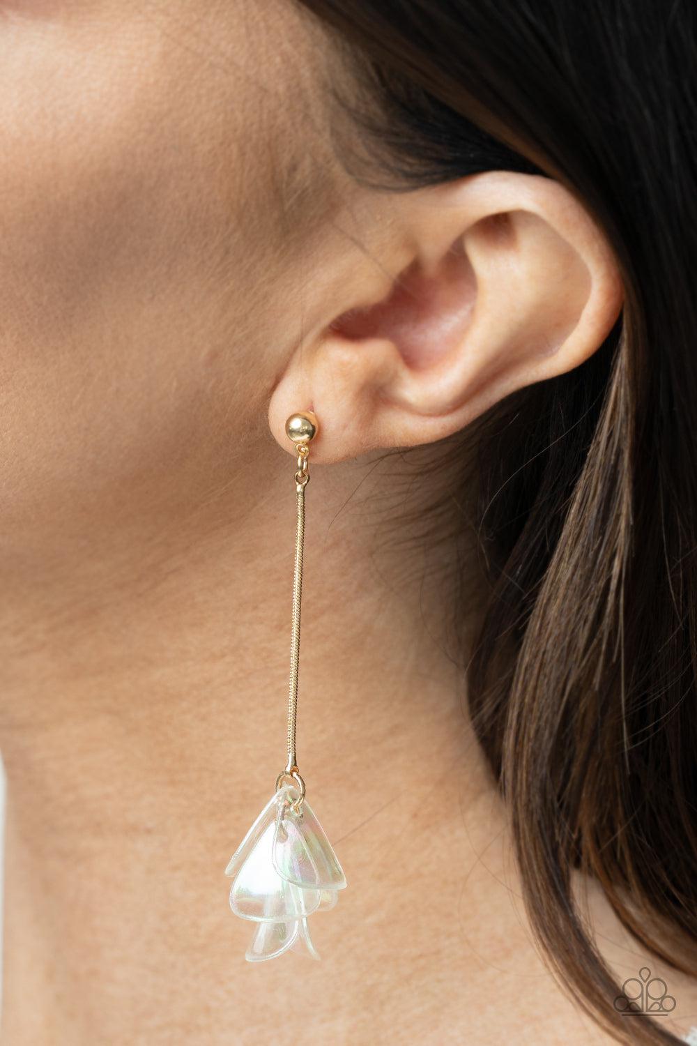 Keep Them In Suspense Gold and Iridescent White Flower Earrings - Paparazzi Accessories- on model - CarasShop.com - Paparazzi Jewelry by Cara Jewels