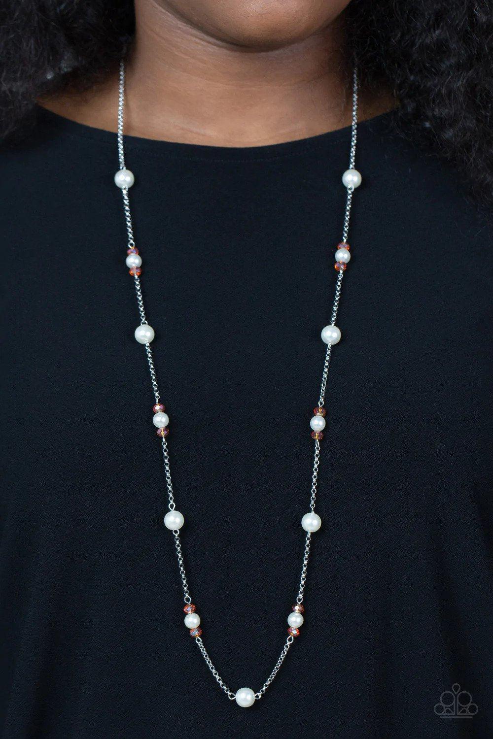 Keep Your Eye on the BALLROOM Orange Necklace - Paparazzi Accessories- on model - CarasShop.com - Paparazzi Jewelry by Cara Jewels