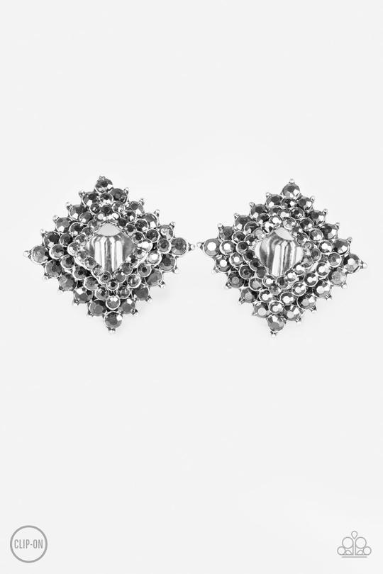 Kensington Keepsake Silver Hematite Rhinestone Clip-on Earrings - Paparazzi Accessories- lightbox - CarasShop.com - Paparazzi Jewelry by Cara Jewels