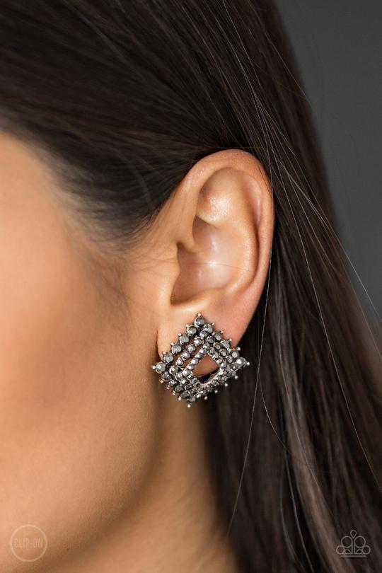 Kensington Keepsake Silver Hematite Rhinestone Clip-on Earrings - Paparazzi Accessories- on model - CarasShop.com - Paparazzi Jewelry by Cara Jewels