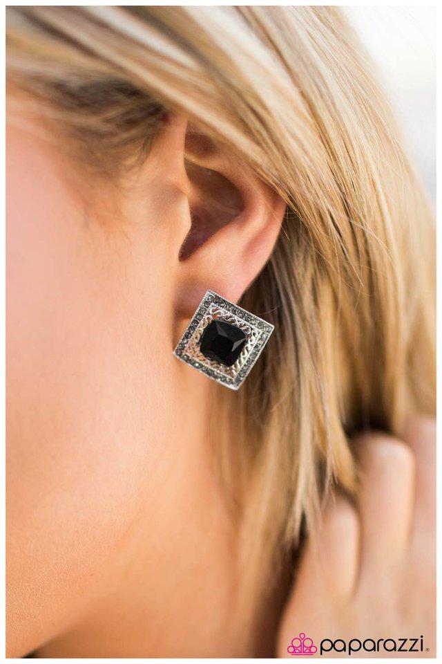 Kensington Palace Black Rhinestone Post Earrings - Paparazzi Accessories- on model - CarasShop.com - Paparazzi Jewelry by Cara Jewels