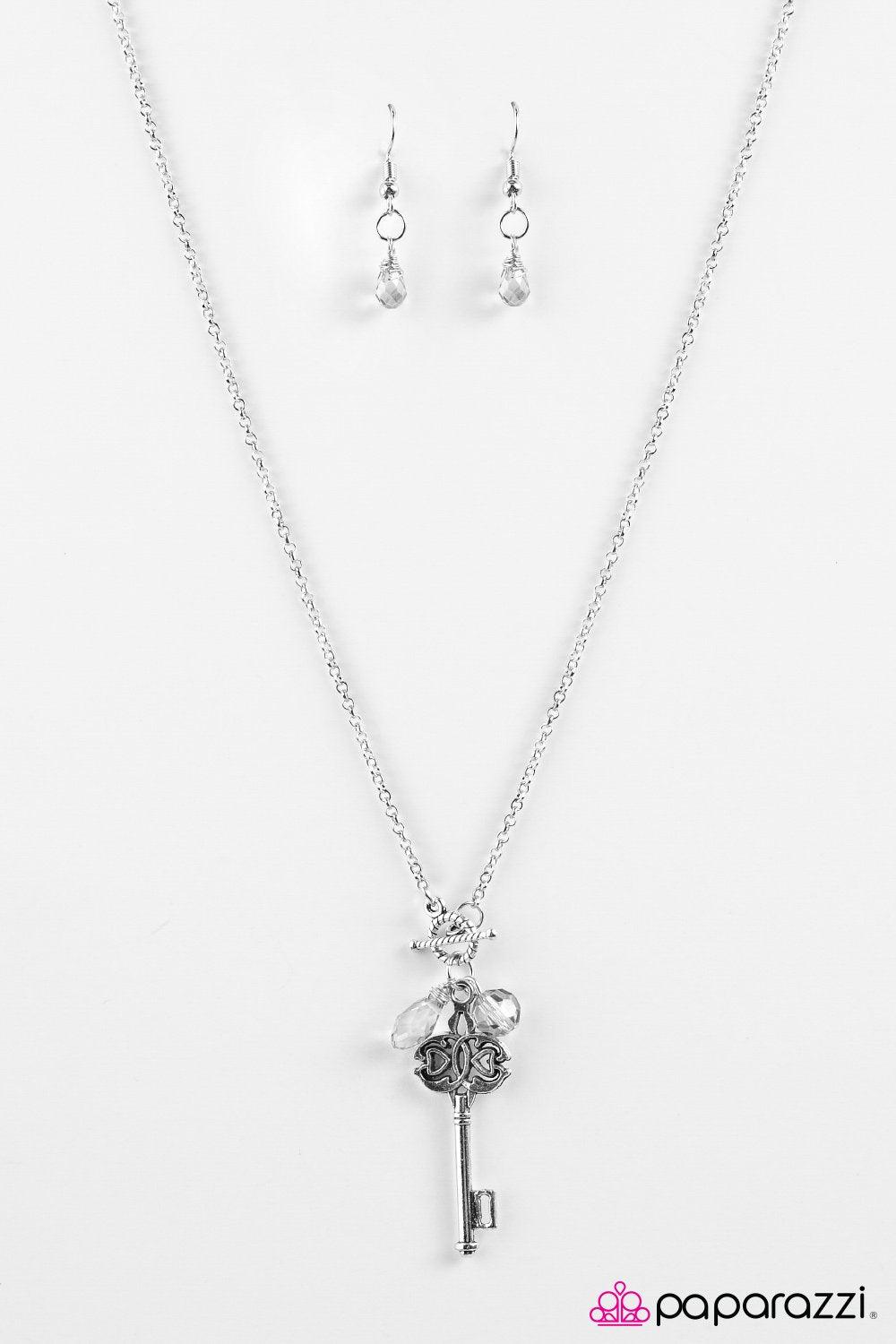 Key to the City Silver Key Necklace and matching Earrings - Paparazzi Accessories - free matching earrings -CarasShop.com - Paparazzi Jewelry by Cara Jewels