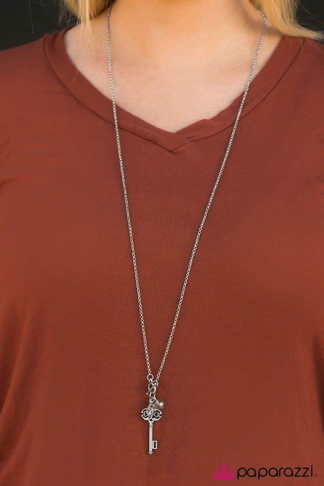 Key to the City Silver Key Necklace and matching Earrings - Paparazzi Accessories- lightbox - CarasShop.com - Paparazzi Jewelry by Cara Jewels