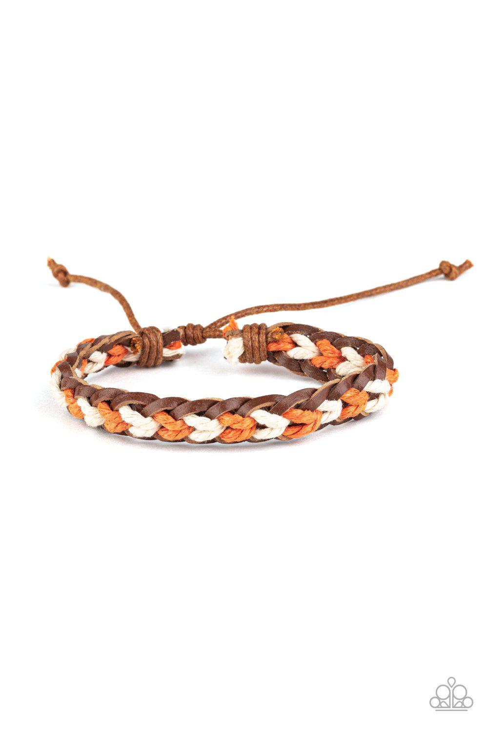 Kick Off Your Boots Multi White, Orange and Brown Leather Urban Knot Bracelet - Paparazzi Accessories- on model - CarasShop.com - Paparazzi Jewelry by Cara Jewels