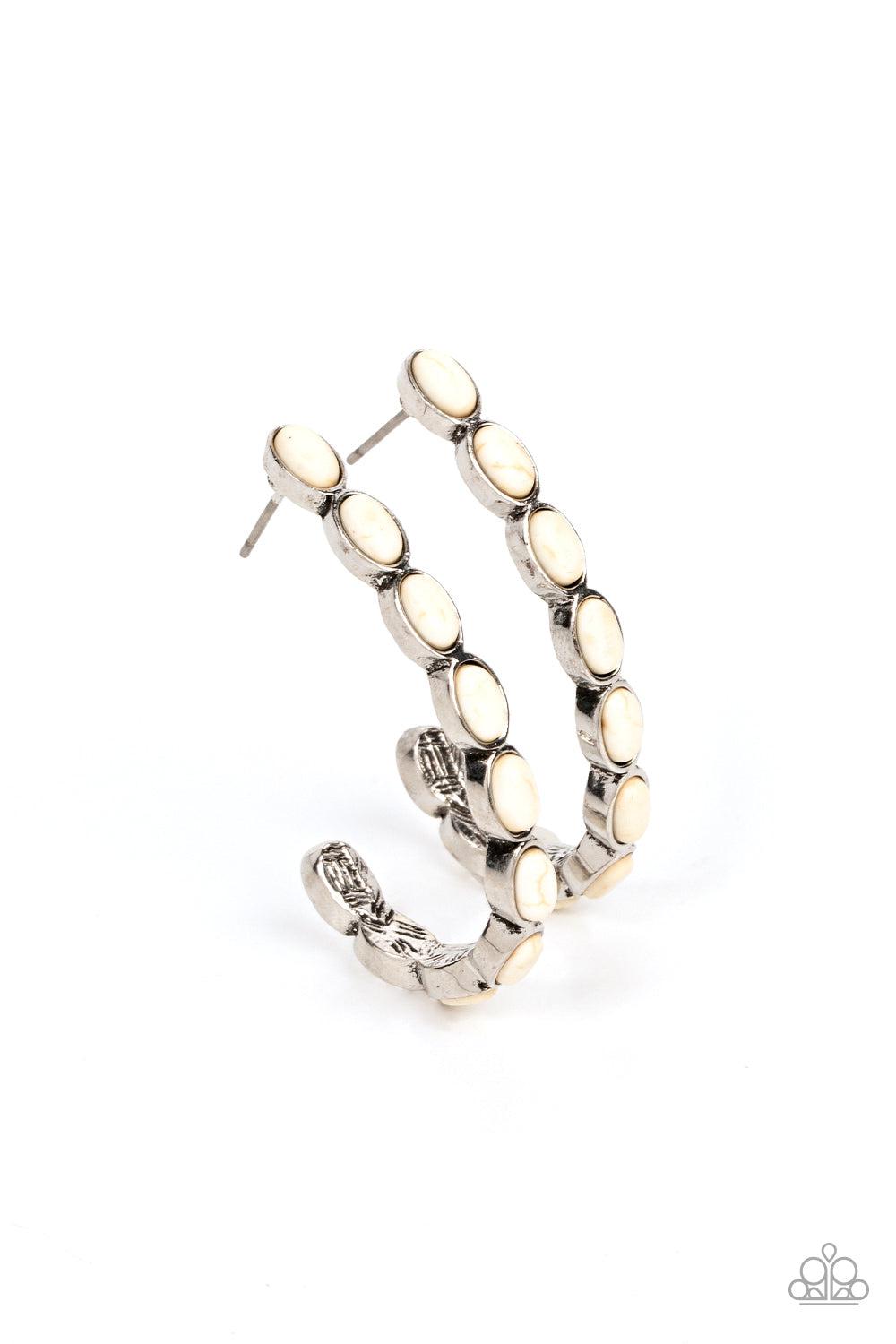 Kick Up a SANDSTORM White Stone Hoop Earrings - Paparazzi Accessories- lightbox - CarasShop.com - Paparazzi Jewelry by Cara Jewels