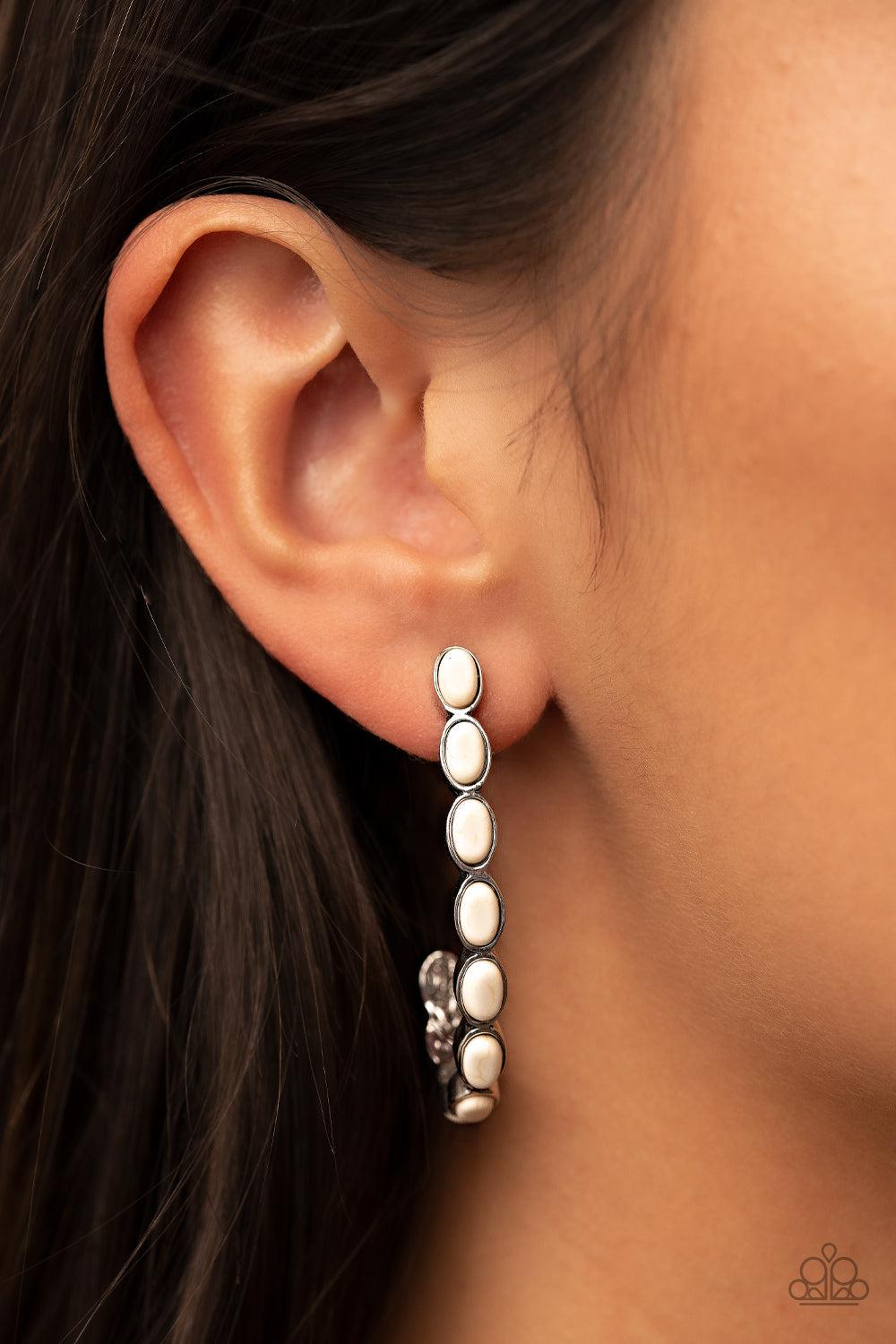 Kick Up a SANDSTORM White Stone Hoop Earrings - Paparazzi Accessories- on model - CarasShop.com - Paparazzi Jewelry by Cara Jewels
